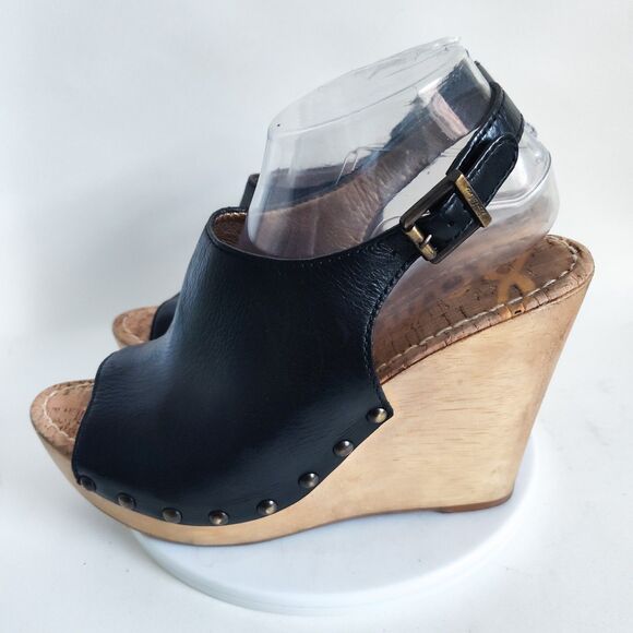 Sam Edelman Camilla Black Leather Wooden Wedge Platform Slingback Sandals 10 - Picture 5 of 10